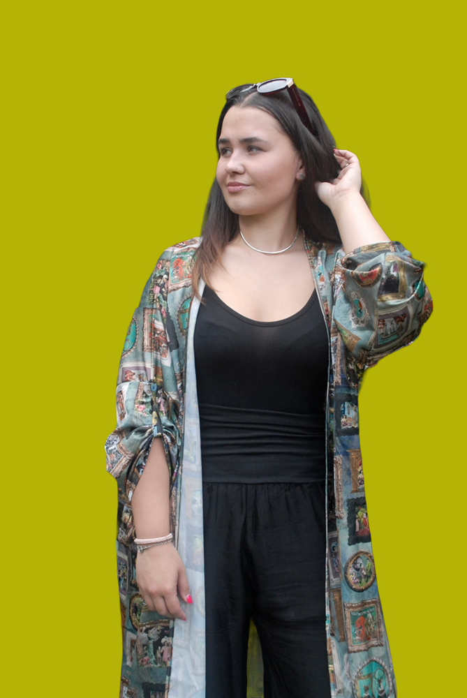 Blue-Green 'I Love Frida' Vintage Frames Kimono