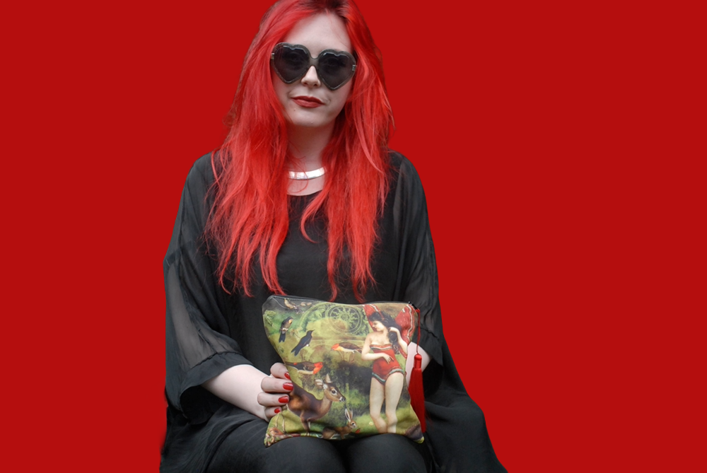 'Vintage Buttefly Girl' Velvet Clutch Bag with Red Satin Tassel