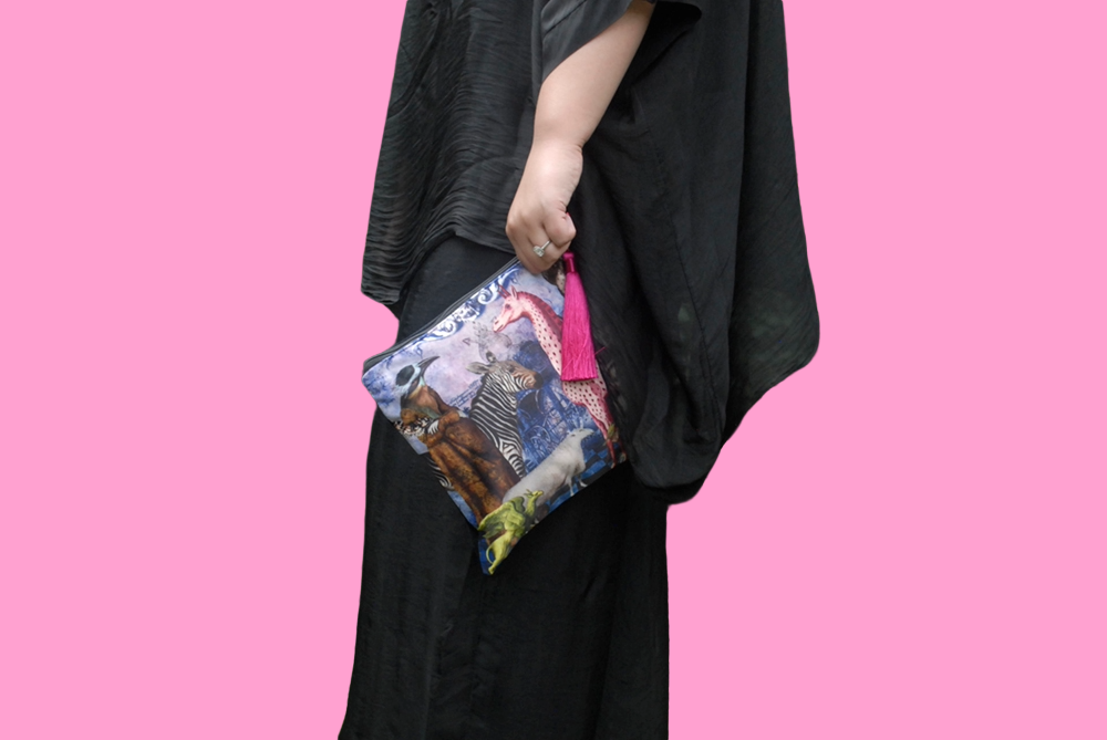 'The Vintage Zoo' Velvet Clutch Bag with Pink Satin Tassel