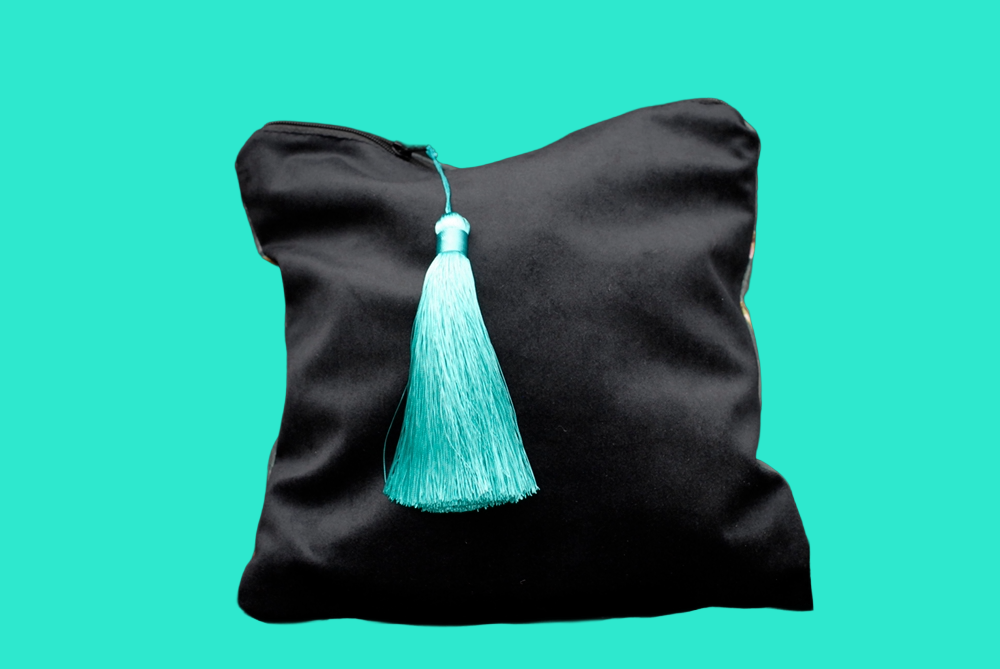 'The Yoga Girls' Velvet Clutch Bag with Turquoise Satin Tassel