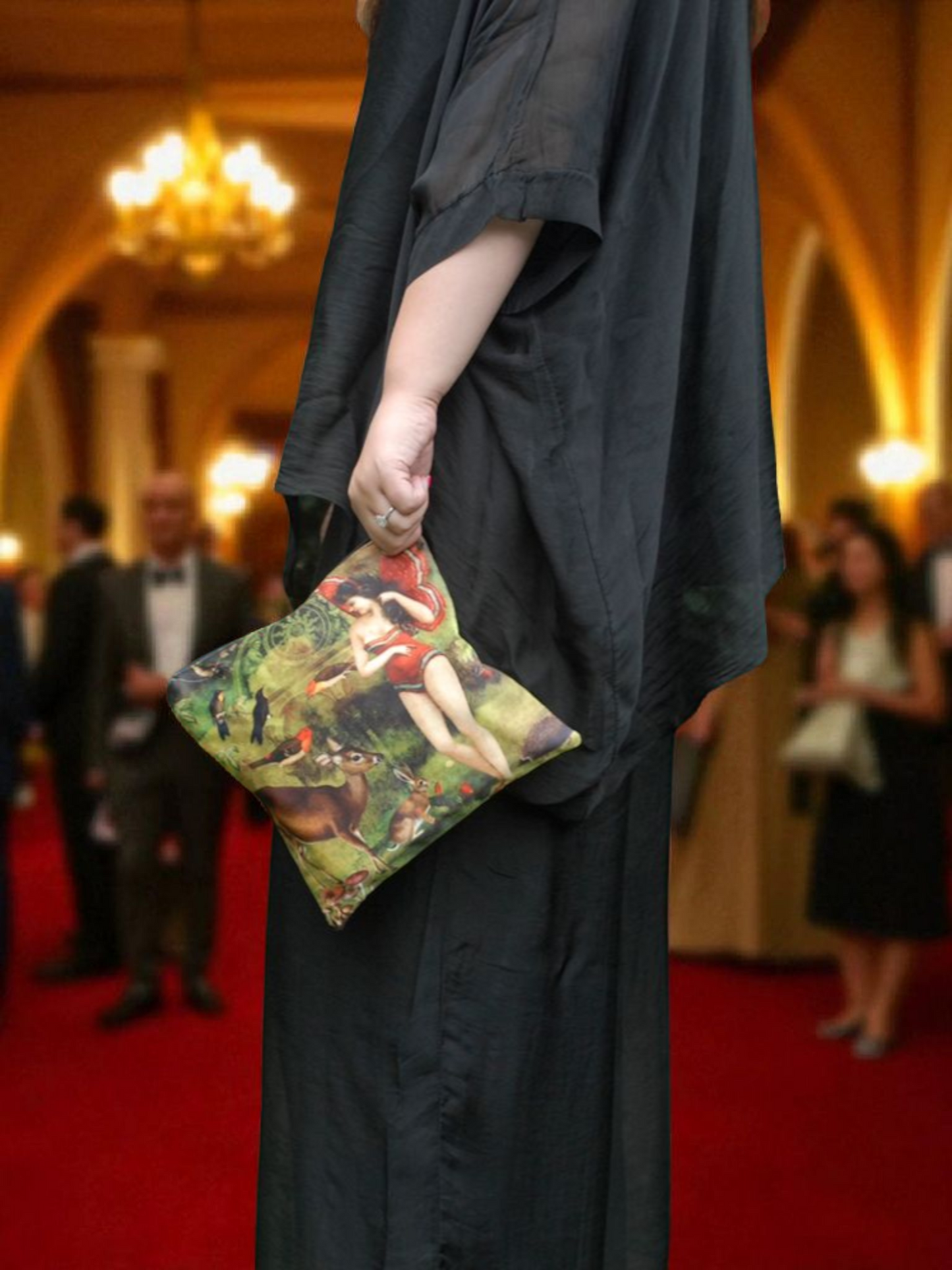 'Vintage Buttefly Girl' Velvet Clutch Bag with Red Satin Tassel