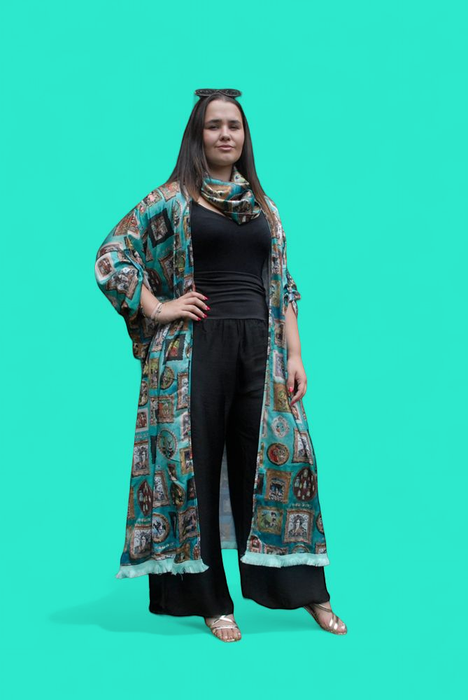 Turquoise 'I Love Frida' Vintage Frames Kimono