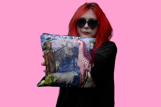 'The Vintage Zoo' Velvet Clutch Bag with Pink Satin Tassel
