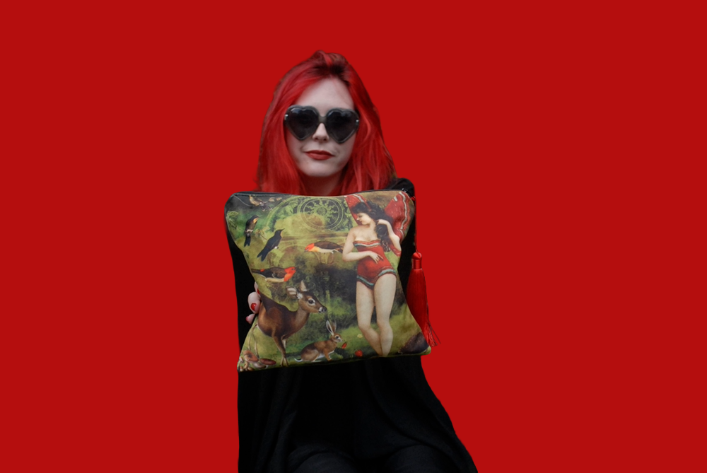'Vintage Buttefly Girl' Velvet Clutch Bag with Red Satin Tassel