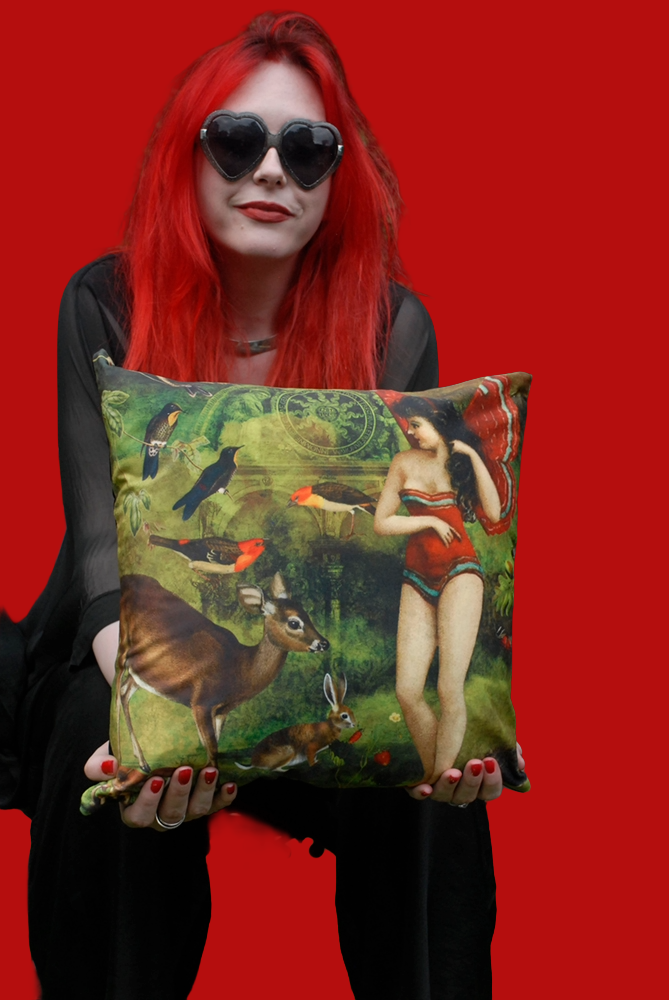 'Vintage Butterfly Girl' Velvet Cushion