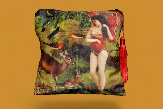 'Vintage Buttefly Girl' Velvet Clutch Bag with Red Satin Tassel