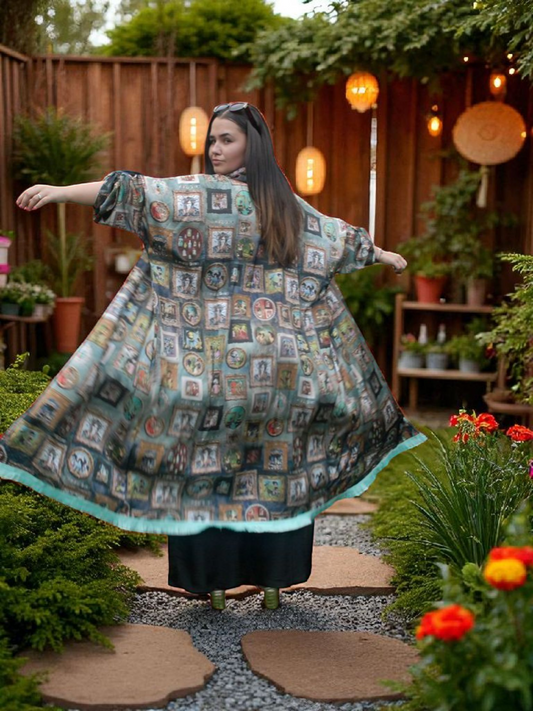 Blue-Green 'I Love Frida' Vintage Frames Kimono