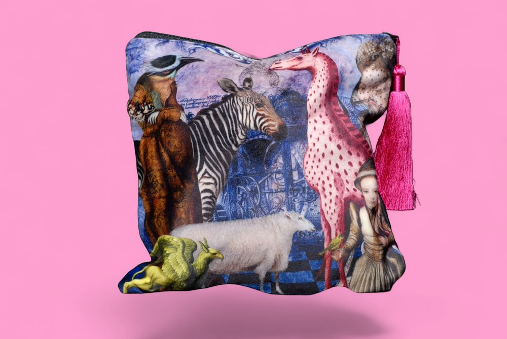 'The Vintage Zoo' Velvet Clutch Bag with Pink Satin Tassel