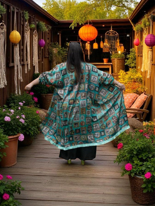 Turquoise 'I Love Frida' Vintage Frames Kimono